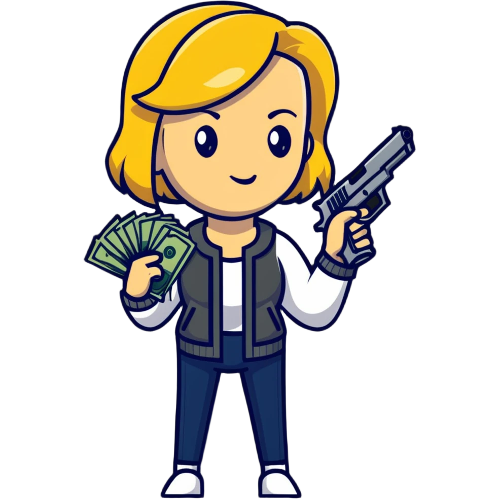 Mafia style. Women blonde. Gun, money  emoji