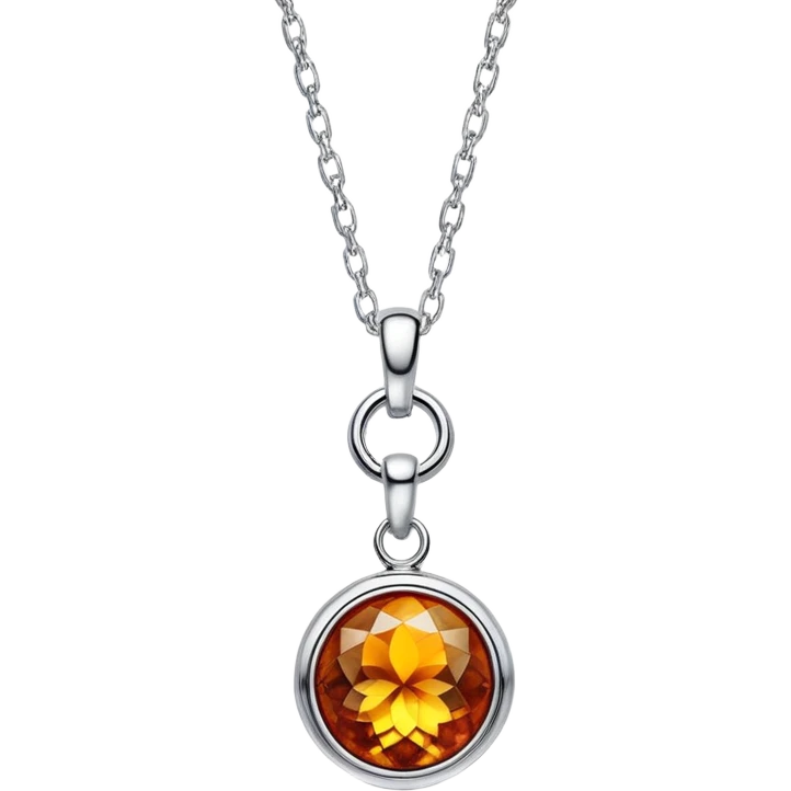 extreme close up of a round cut holographic amber charm with silver metal accent and simple chain emoji