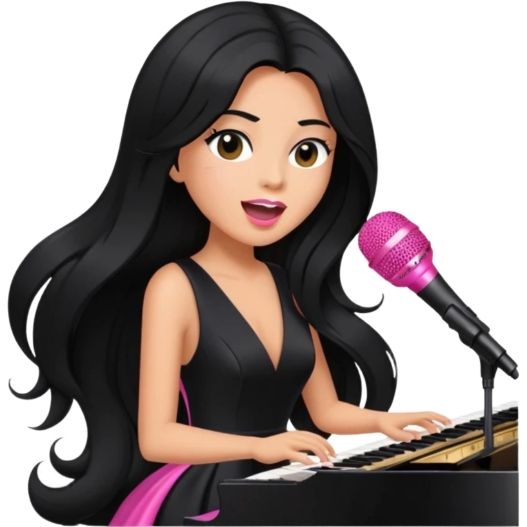 pink microphone, music, singing, playing piano, long black hair tanned woman, black glam dress emoji