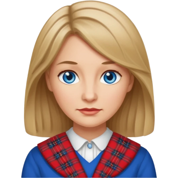 middle   aged female with Scottish red attire and dark blonde hair and blue eyes emoji