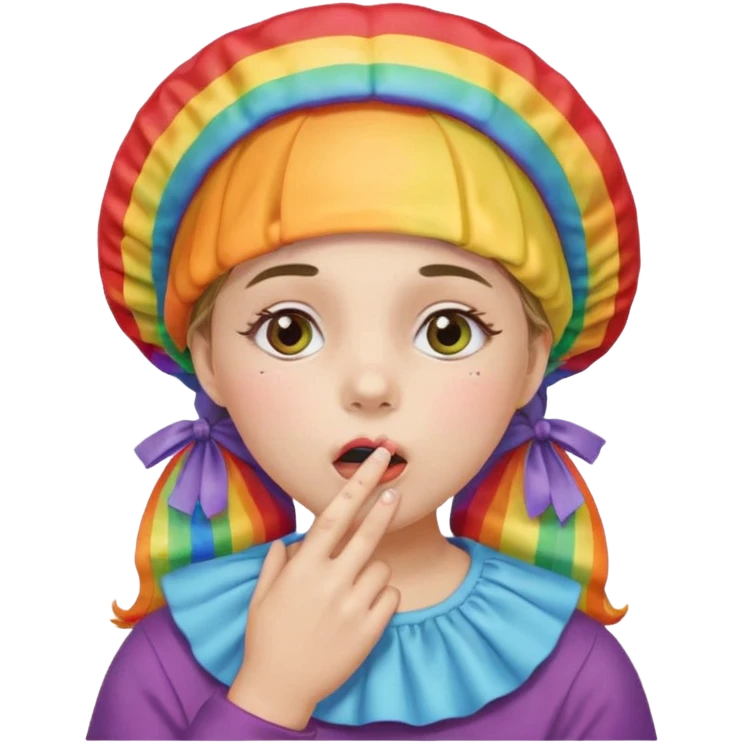 Girl with a rainbow bonnet with one hand on mouth jaw dropped  emoji