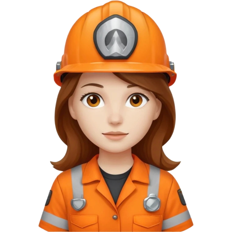 GAROTA BRANCA DE CABELOS CASTANHOS COMPRIDOS, UNIFORME DE TRABALHO LARANJA E CAPACETE LARANJA emoji