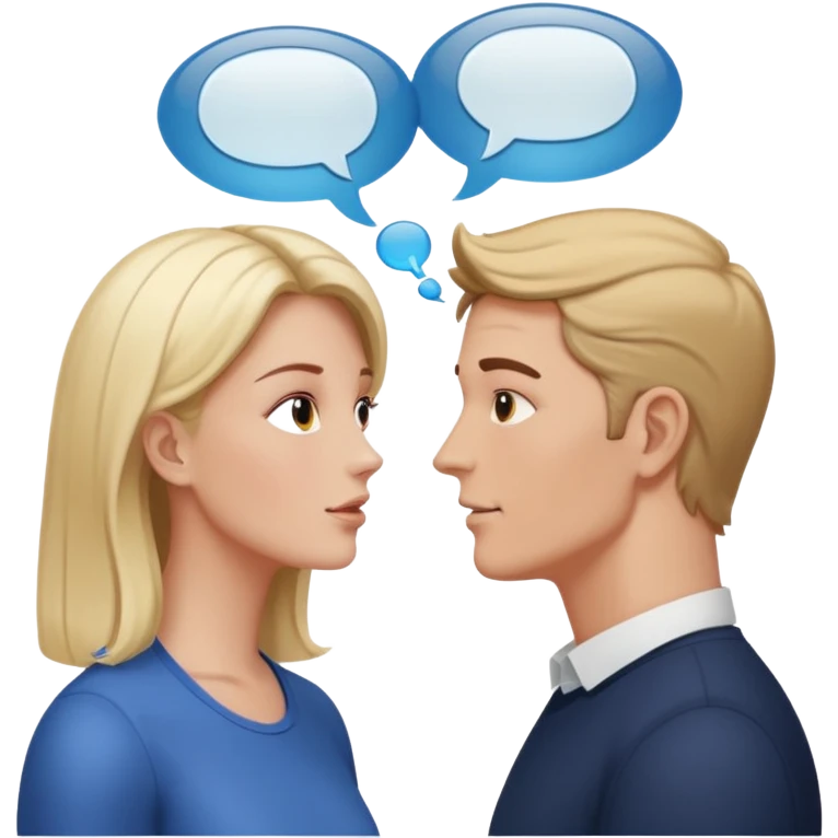 a person chatting up another person, one white male, one white woman facing each other talking with speech bubbles above their head emoji
