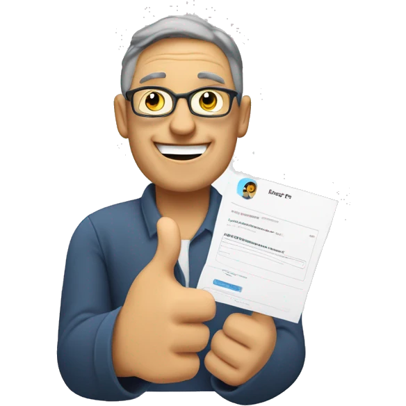 A middle-aged person holding a feedback form featuring a happy face emoji and giving a thumbs-up, symbolizing positive feedback emoji