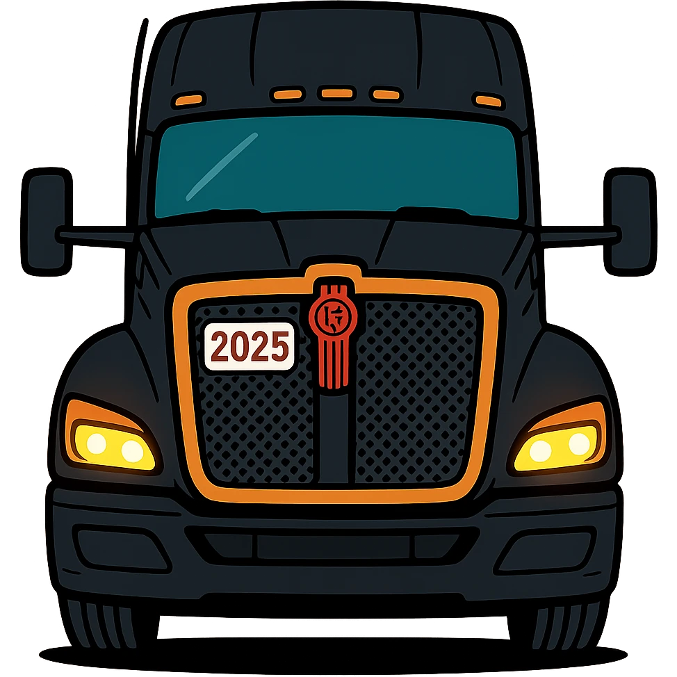 Stylized cartoon style close-up front view of a 2025 Kenworth T680 truck in black color with headlights on, no background. emoji