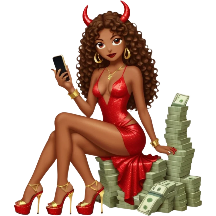 Sexy, playboy stripper woman brown curly long  hair half naked sensual devil horns red glitter dress with slit, holding cash and a phone  while she is sitting  top of gold wearing tall high heels with thick platform emoji