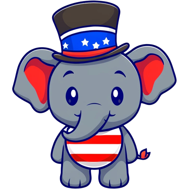 cute red elephant, simple flat design, round shape, patriotic top hat, cartoon sticker style emoji