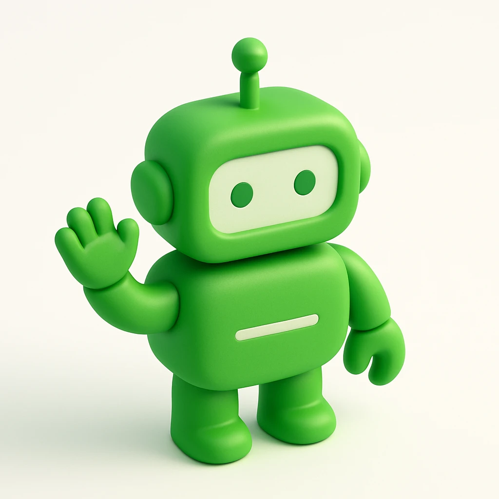 a 3D green robot waving emoji