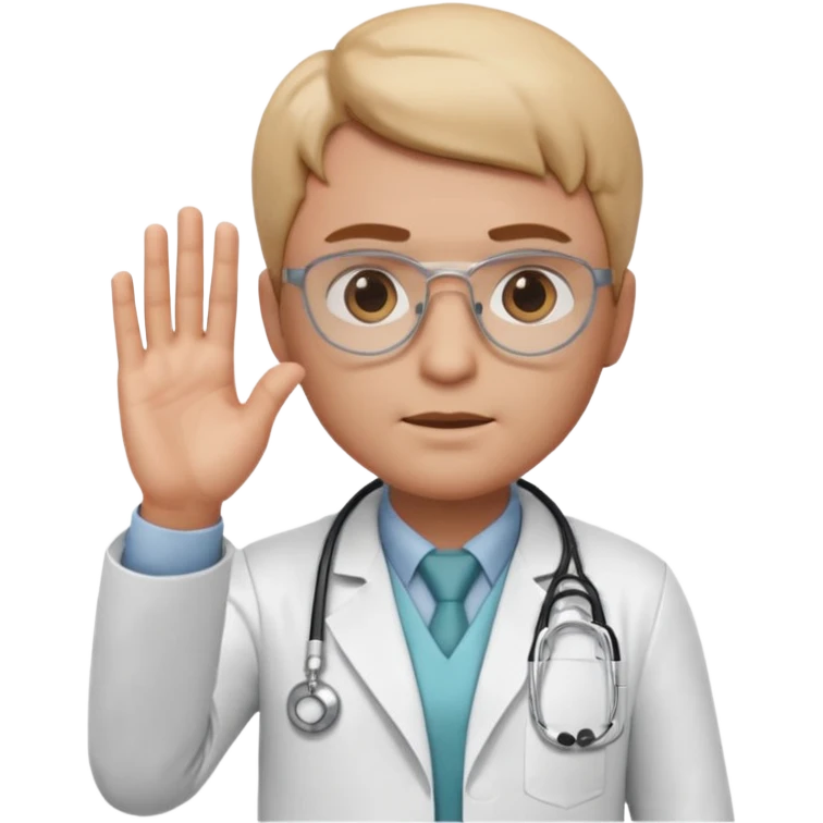 3D memoji doctor, hand raised forward in stop gesture, serious face, educational tone, white coat, stethoscope visible, centered, transparent PNG emoji