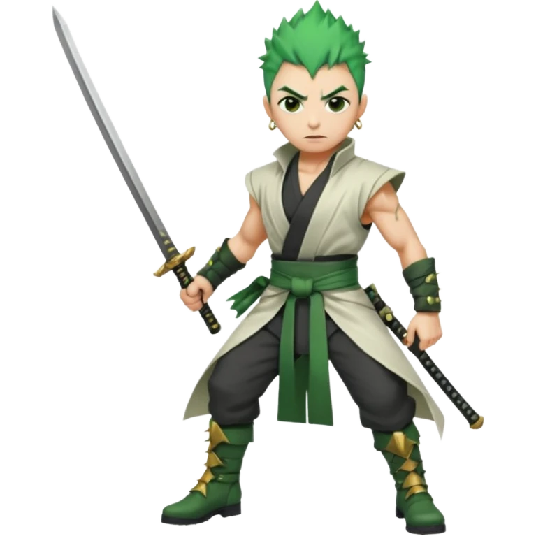Muscular scarred warrior, short spiky moss-green hair, sharp steel-grey eyes, strong jaw, serious stare. Black trousers, boots, green sash with three katanas, open white coat, three gold earrings. Cinematic, ultra-realistic. (Roronoa Zoro) emoji
