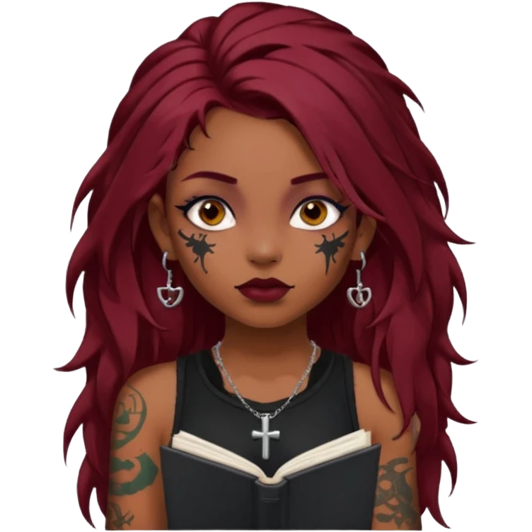 generate an ios genmoji of a dusky girl with long dark red messy hair with eyeliner on her eyes. septum piercing, wearing a cami black top, has tattoos, on shoulders. ear piercings. wearing a cross silver necklace. carrying a lot of sketchbooks


no tattoos on face emoji