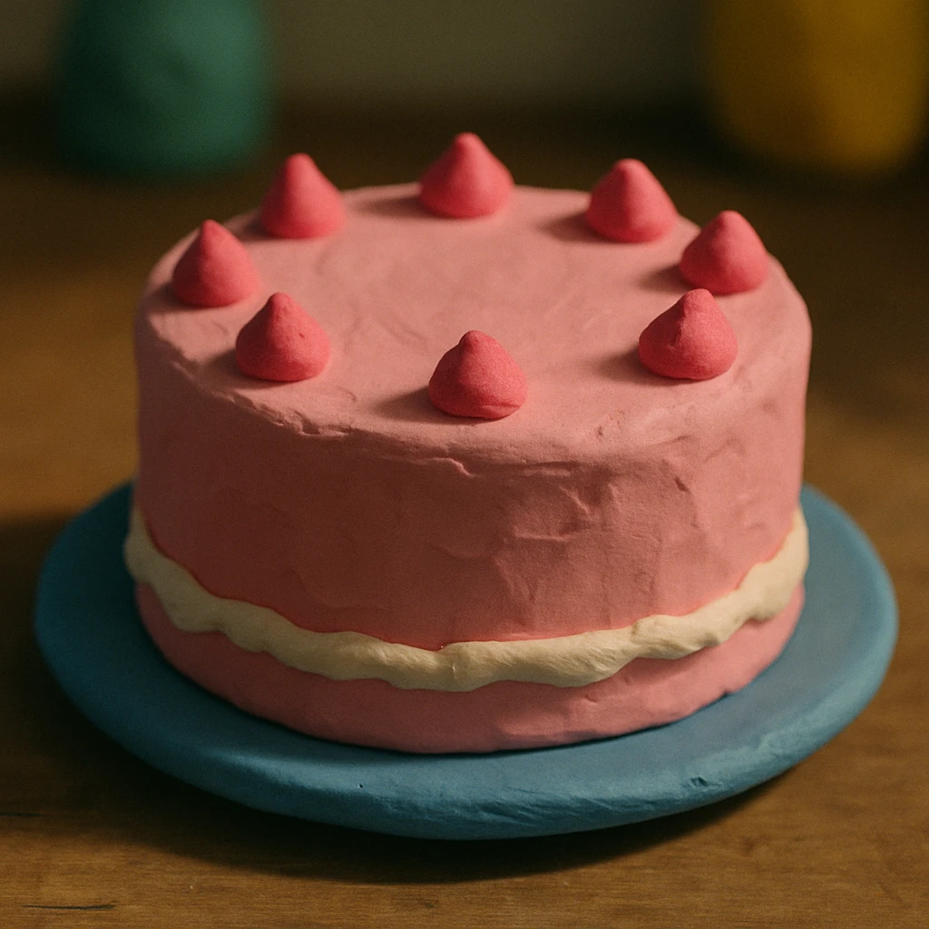 a pink cake, claymation style emoji