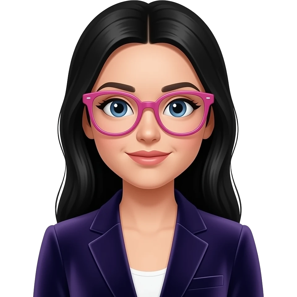Women wearing velvet blazer with centre hair  parting black long hair with big pink glasses emoji