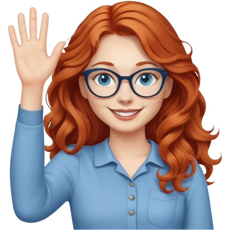 redheaded woman with long wavy hair, blue eyes, cat-eye glasses, casual outfit, smiling, waving emoji
