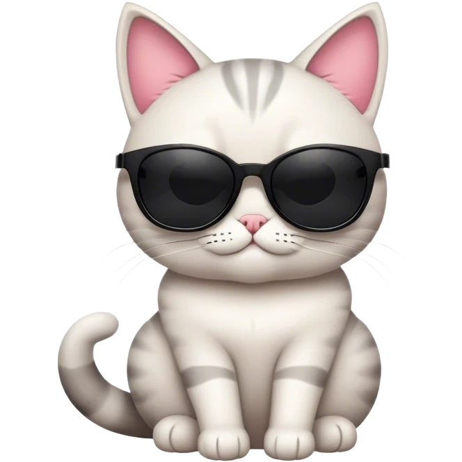 A cool, cartoon-style cat wearing oversized black sunglasses, sitting confidently with a relaxed expression. The cat has smooth fur, a small smirk, and a playful yet stylish posture. Flat, modern illustration, minimal shading, digital art, white background, iOS emoji aesthetic. emoji
