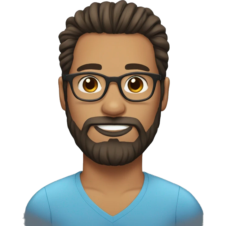 Man bun with dark brown hair. Full beard, blue glasses, brown eyes emoji
