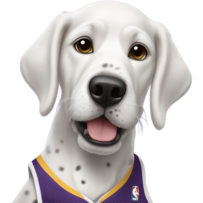 White dog with black bit spots wearing a lakers jersey emoji