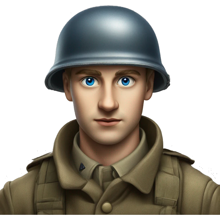 blue eyed  guy 28 years old german soldier in helmet 1940 photorealistic serious emoji