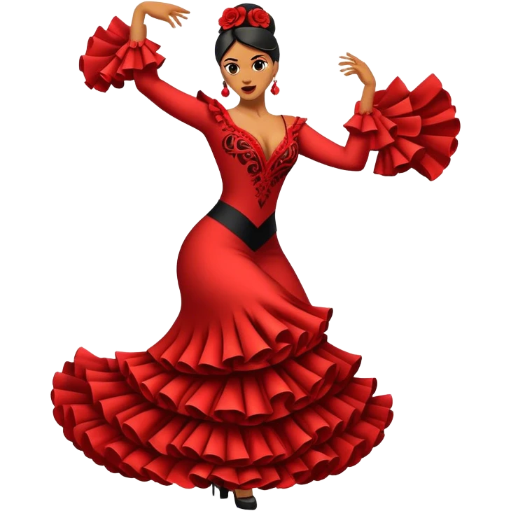 Cinematic Realistic Flamenco Dance Emoji, depicted as a passionate expressive flamenco performance with dramatic costumes and dynamic fiery movements, rendered with vibrant textures and bold energetic lighting that captures its intense rhythm. emoji
