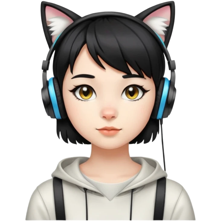 "- Nữ
- 15 tuổi
- Da trắng
- Tóc ngắn, đen, để mái chéo
- Đeo tai nghe tai mèo
" emoji