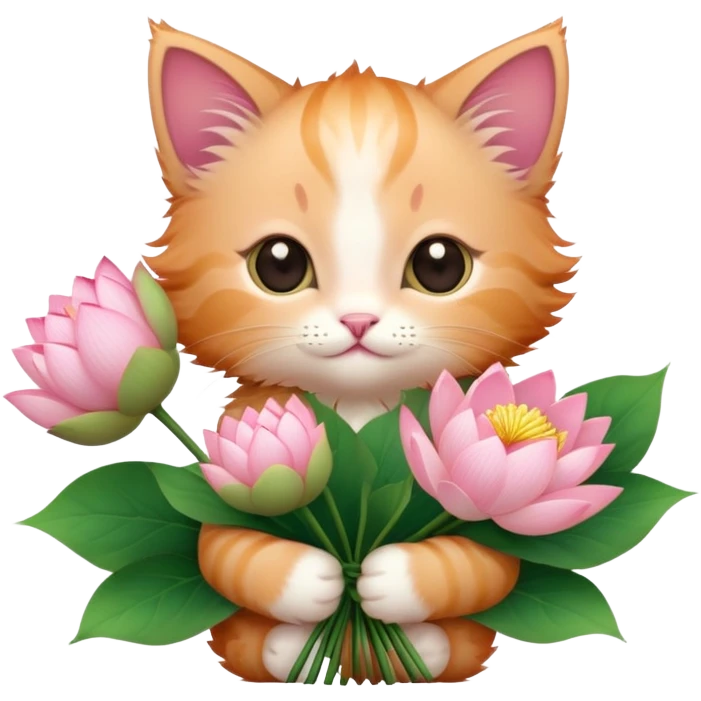 Kitten holding a bouquet of lotus flowers emoji