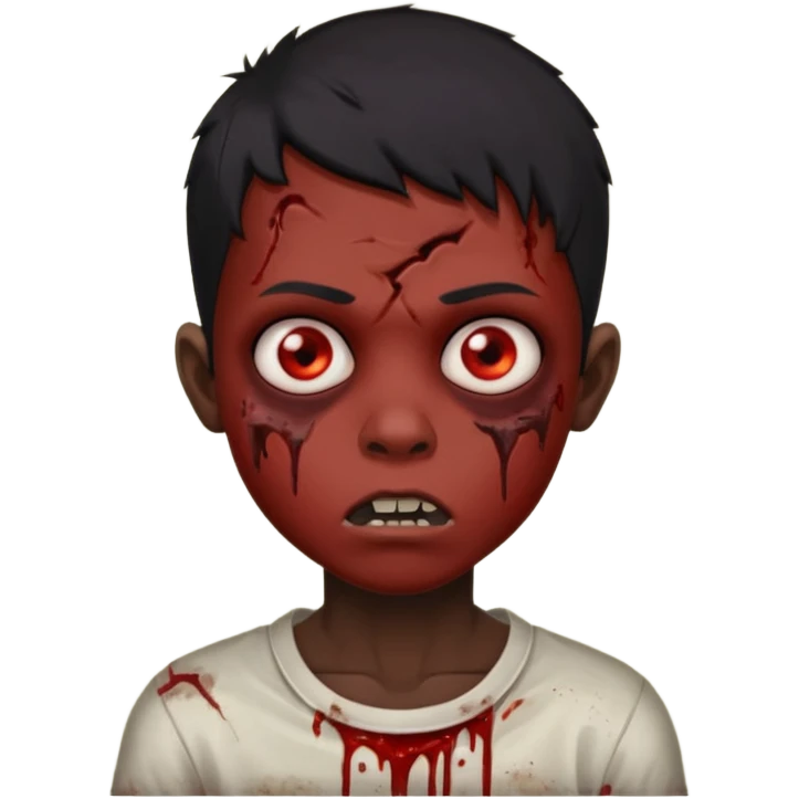 Make a boy zombie dark skin and short black with a hair 4c, spook and creepy expression emoji emoji