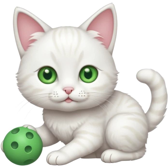 Cute white cat with green eyes playing with toy emoji