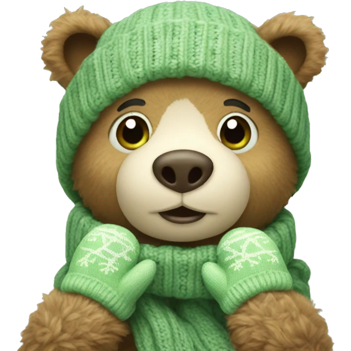 Cute Bear with knitted Sage green mittens emoji