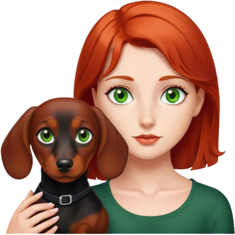 Red haired girl with green eyes and black short haired dachshund  emoji