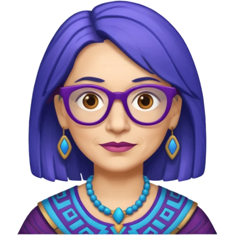 50-year-old woman with purple glasses, brown eyes, and Aztec blue shoulder-length hair emoji