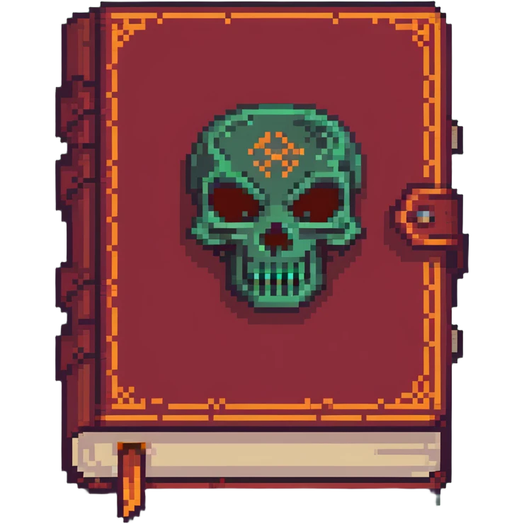 ancient red spellbook with ominous face on cover in pixel art style emoji