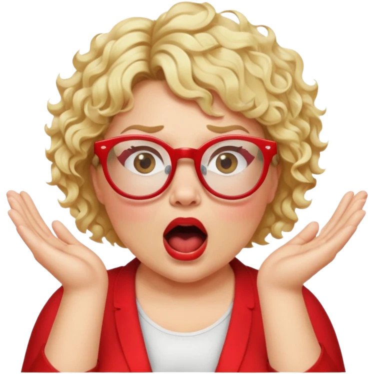 Blonde woman with short curly hair, slightly overweight, wearing glasses with red frames, shouting with hands on each side of her mouth emoji