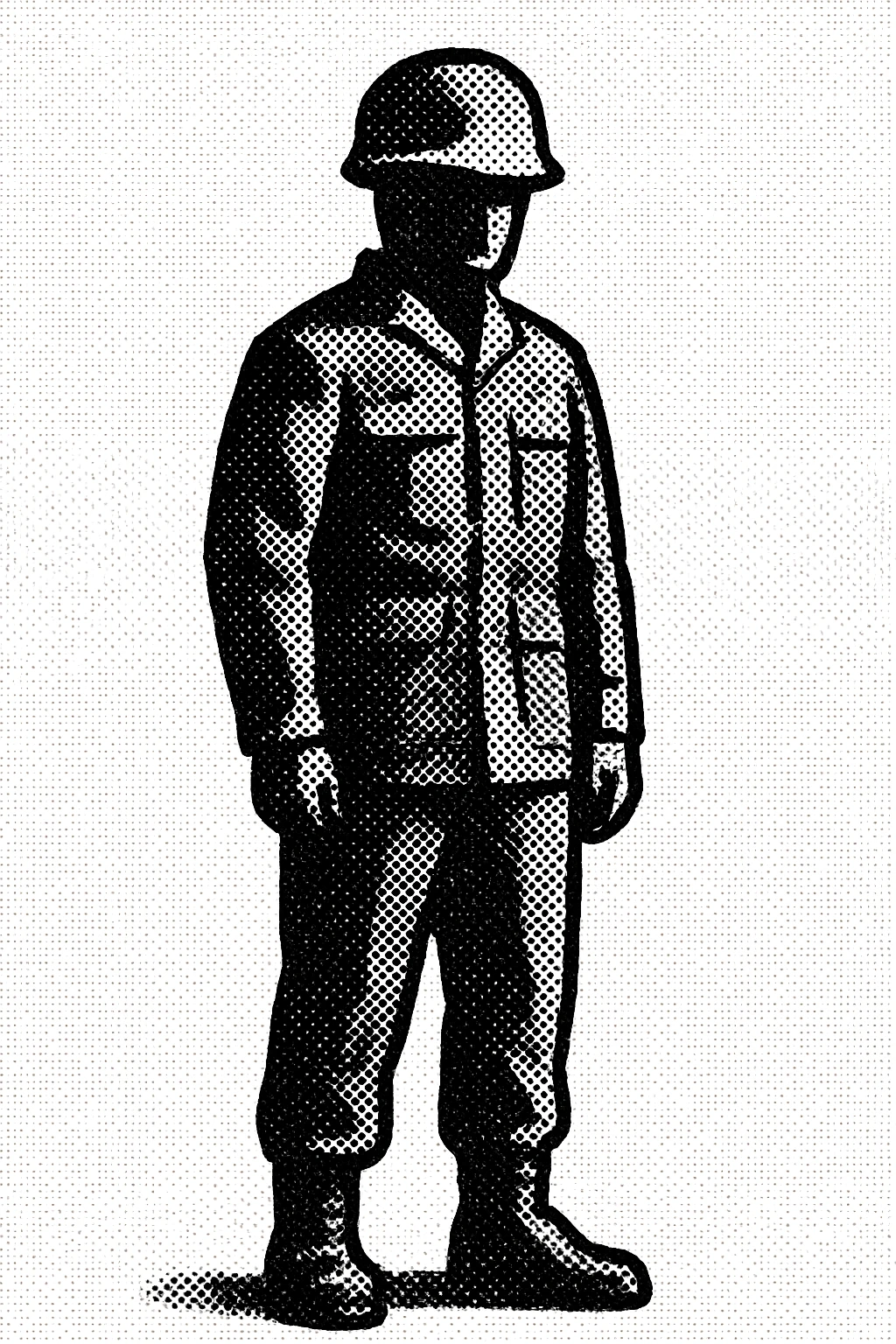 silhouette of a standing American soldier, general silhouette, black and white, minimalism, strict technical style, no face details, no weapons, only helmet and uniform emoji