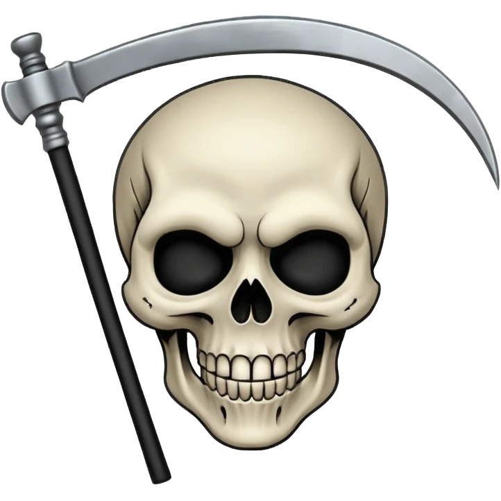 A laughing skull with a scythe crossed behind it, one eye socket winking. Clean, stylized lines, flat vector. Medieval woodcut style. Black and white with one accent color (tarnished silver). No background. emoji