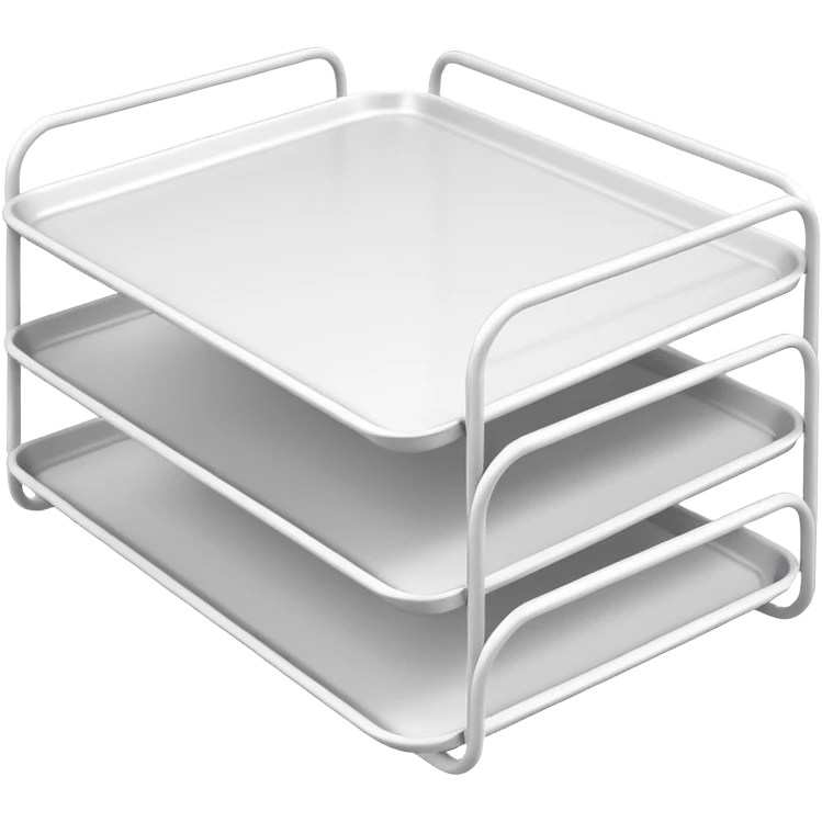 A minimal, clean emoji-style illustration of a white metal desk paper organizer tray, shown in slight isometric view so its structure is readable at a small scale. The organizer is rectangular with rounded corners, made of thin white metal wires, forming two to three stacked horizontal slots.
 emoji
