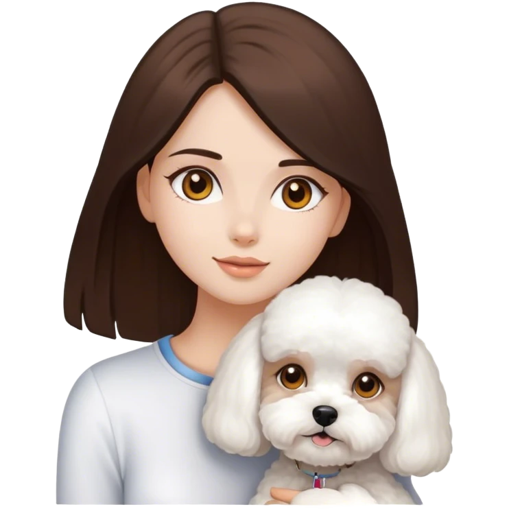 chica de piel clarita con pelo largo y moreno oscuro y liso con ojos marrones un poco color miel y muy mona con su perrito raza bichon maltes  emoji