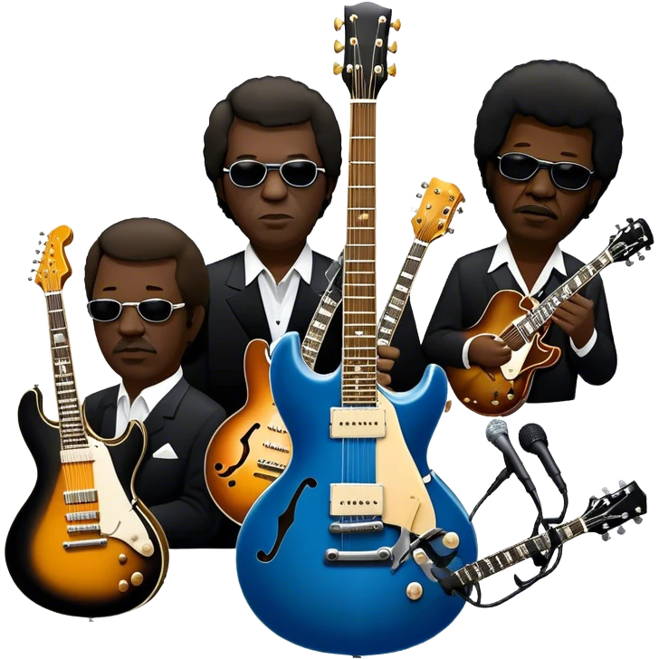 Icon for Blues Music: close-up collage of legendary blues artists. Gary Moore, Eric Clapton, B.B. King and Joe Cocker. Represented by silhouettes or symbolic items like guitars, microphones, or music notes, reflecting the soulful energy of blues music. Transparent background. emoji