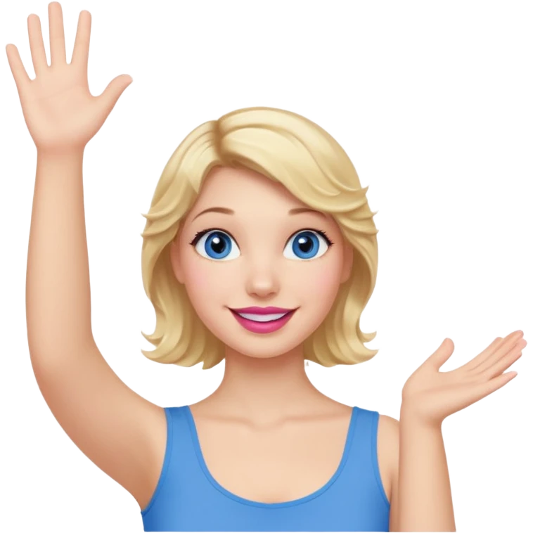 Girl Blonde short wavy hair,  blue eyes, cute blue top, long lashes, pink lips, smiling, hand in the air emoji