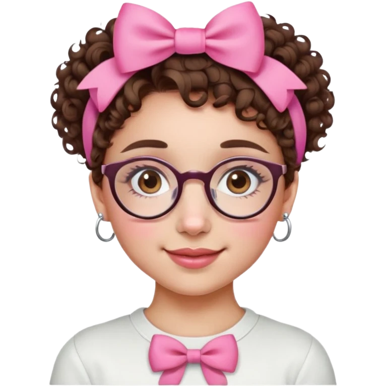ragazza con i capelli ricci castani cortissimi, con un fiocco rosa in testa, sopracciglia corte,occhiali tondi,occhi marroni, septum piercing e nostril piercing, lei sorride emoji