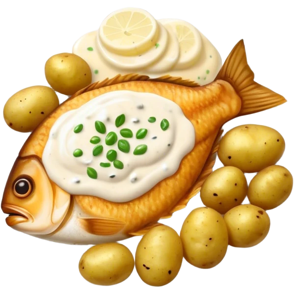 Fried fish with boiled potatoes and white sauce  emoji