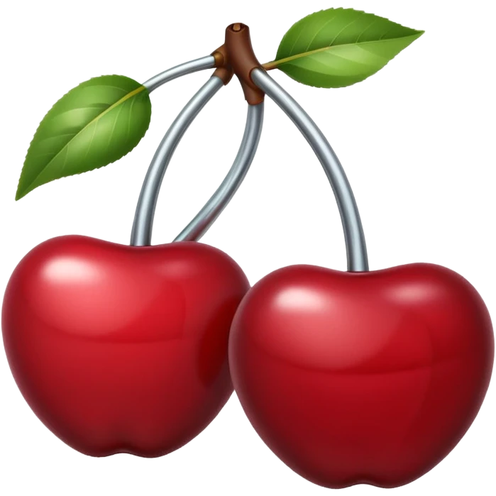 A pair of cherries emoji made of polished silver chrome, smooth rounded shapes, glossy metallic finish, soft highlights and reflections, cute proportions, iOS emoji style, centered, clean white background, no text emoji