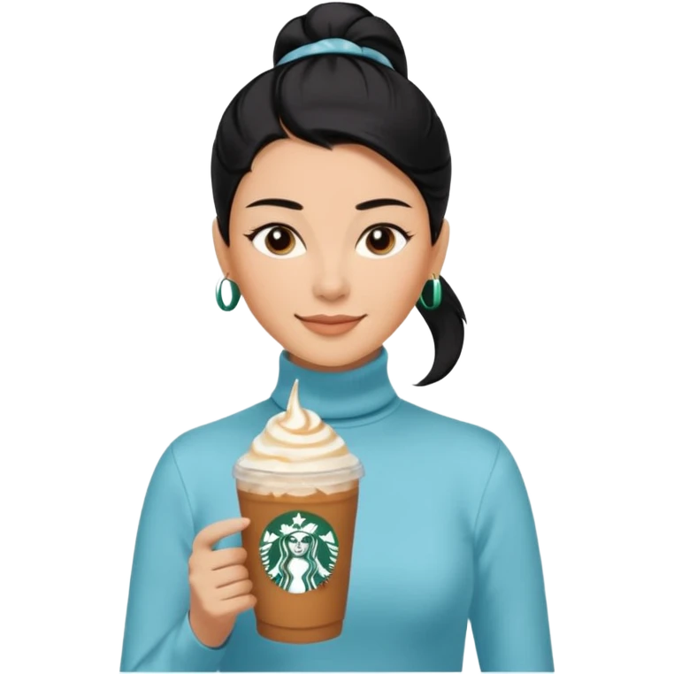  tan skin woman with long face, and very short black hair slicked back ponytail with forehead showing, wearing solid pastel blue turtleneck shirt, drinking starbucks caramel frappuccino, smiling with middle parted hair emoji