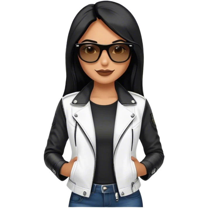 beautiful fit woman, with long straight black hair, with make up, black eye liner, smile mooth close, mexican, brown skin, wearing white tee, wearing leather black jacket, solar black wayfarer rayban emoji