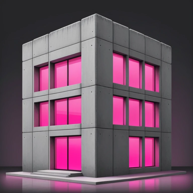 Minimalist gray concrete building with one window glowing bright pink, brutalist architecture emoji