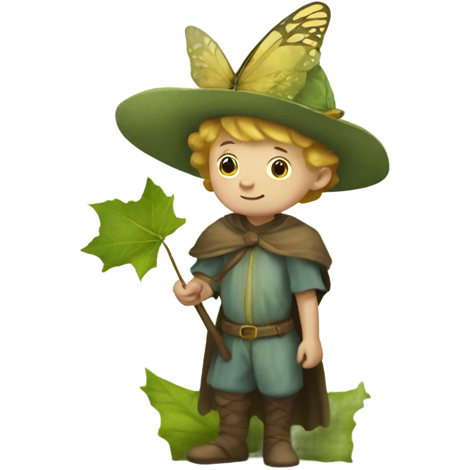 Medieval little whimsical boy who is pale and he has a leaf hat and is riding a butterfly emoji