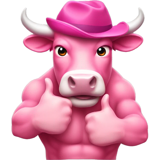 pink colour Bull wearing hat showing his six-pack muscles and giving a thumbs-up emoji