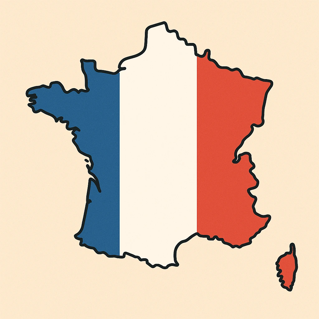 flat toon style France map with flag colors emoji