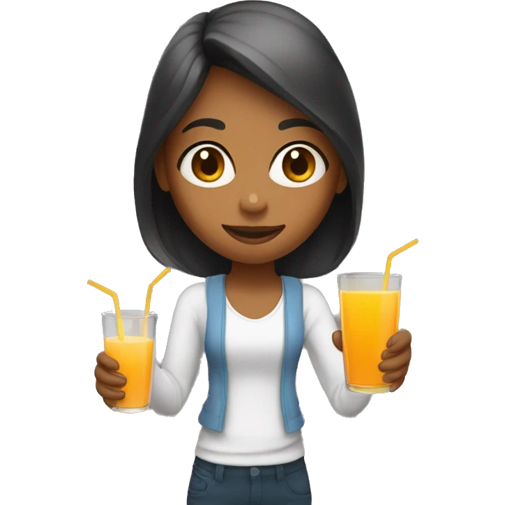 a girl holds a glass with orange juice in one hand and an apple juice in another hand emoji