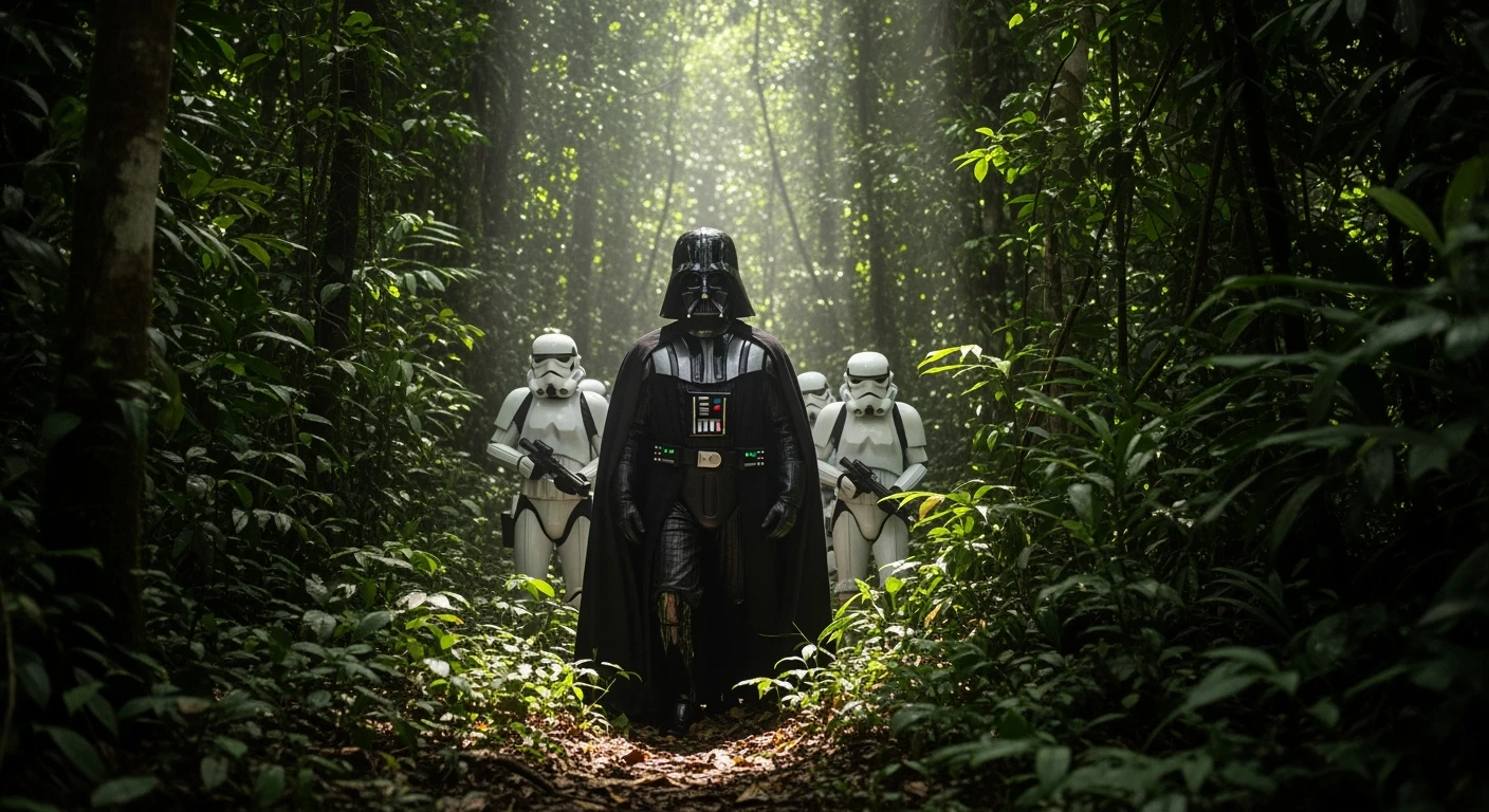 cinematic still, documentary photography, amazon jungle, well lit scene, Darth Vader around stormtroopers is exploring the jungle, close up, front shot, rule of thirds emoji