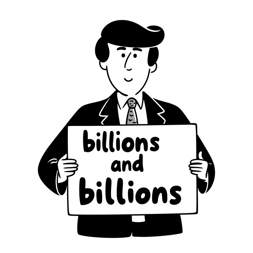 President Trump holding a sign that says 'billions and billions' emoji